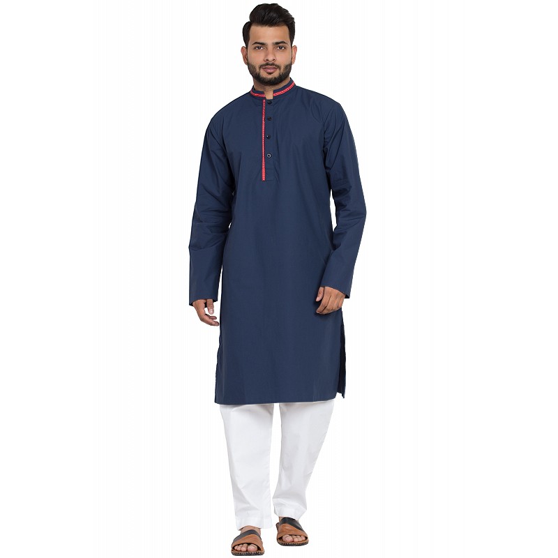 Readymade Men's Kurta Pyjama Navy Blue Kurta Cotton Polyester Dobi Jacquard Pajama